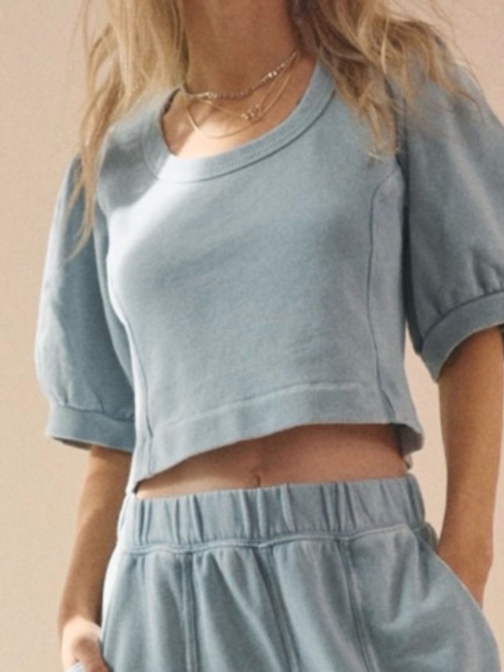 aerie Light Blue Cropped Puff-Sleeve Sweatshirt & Barrel Leg Sweatpants - Picture 2 of 4